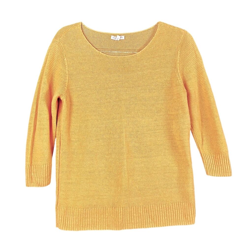Eileen Fisher 100% Linen Sz M Golden Ylw Boxy 3/4 Sleeve Sweater Coastal Boho